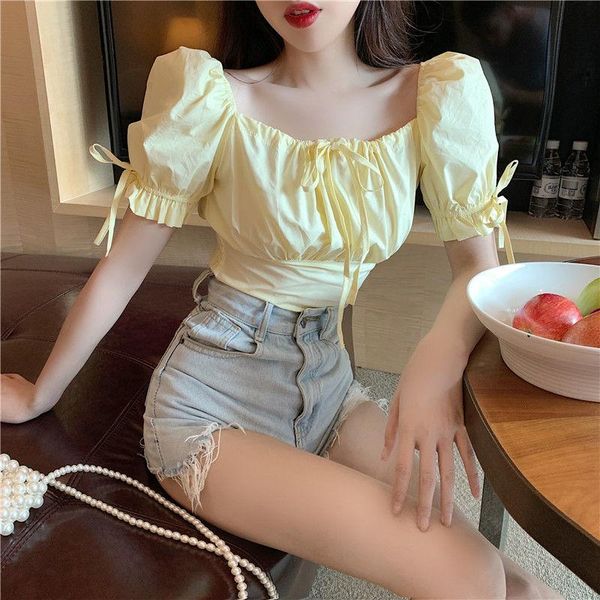 

women's blouses & shirts blouse women shirt 2021 summer puff sleeve short square collar bow girl blusas mujer de moda, White