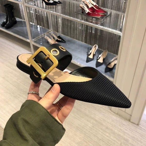 

slippers 2021 summer fashion lettter mules shoes women runway brand pointed toe flat ladies party sandals slides, Black