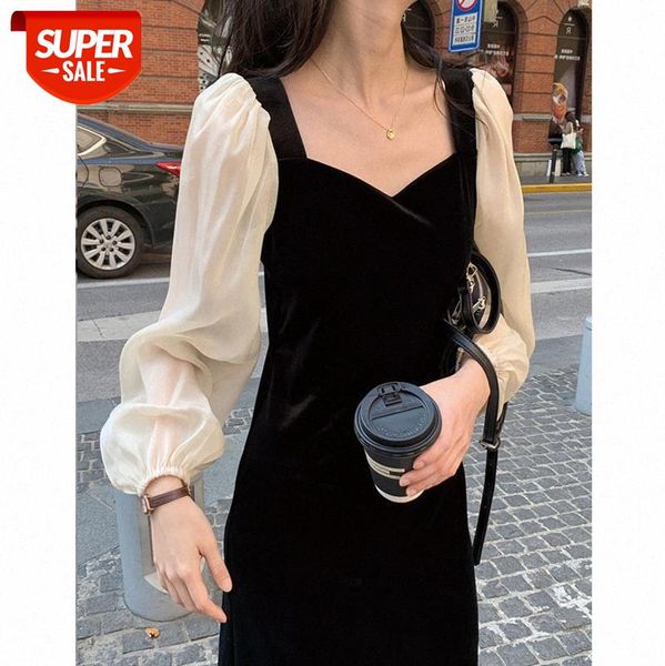 

contrasting color lantern sleeves square v-neck exposed clavicle hepburn style dress fake two pieces of waist velvet black can be issu #jx0x, White;black
