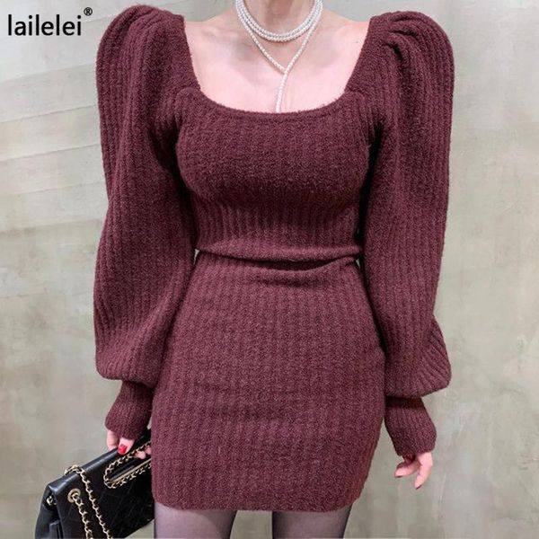 

casual dresses hubble-bubble sleeve knit in long dress, Black;gray