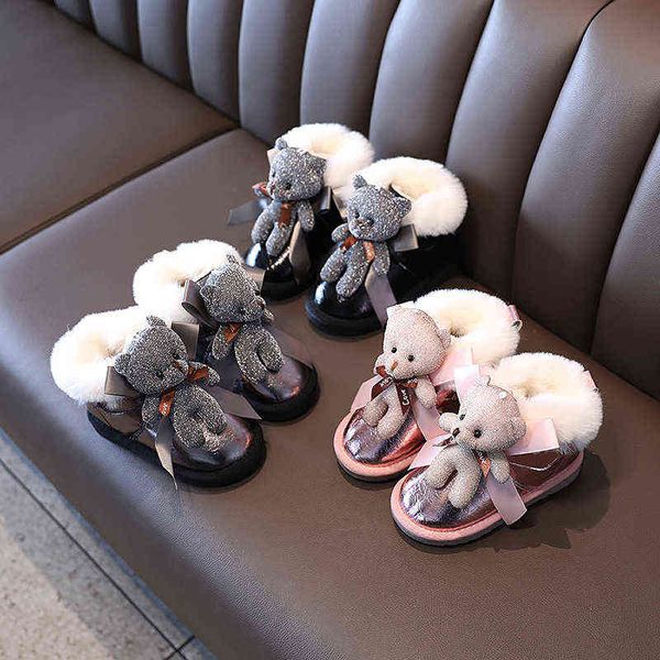 

kids boots winter girls snow boots waterproof keep warm sweet children thicken short booties with plush bear toy syy219 211108, Black;grey