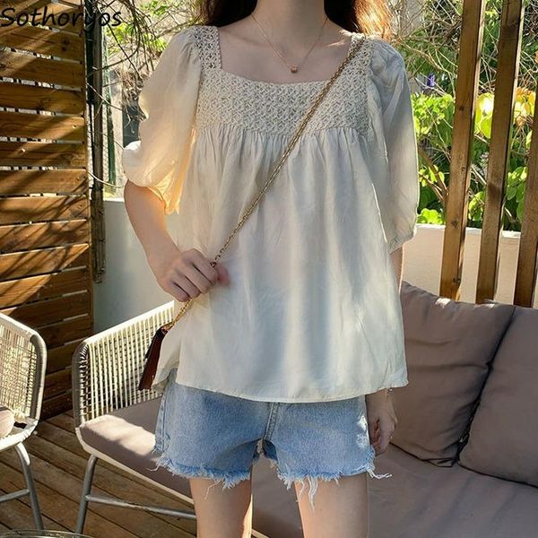 

women's blouses & shirts loose women solid lovely girls soft basic japanese style students daily females square collar trendy, White