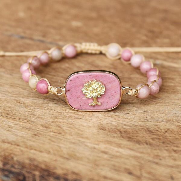 

charm bracelets natural rhodonite stone tree of life chakra braided wrap bracelet women handmade jewelry gifts, Golden;silver