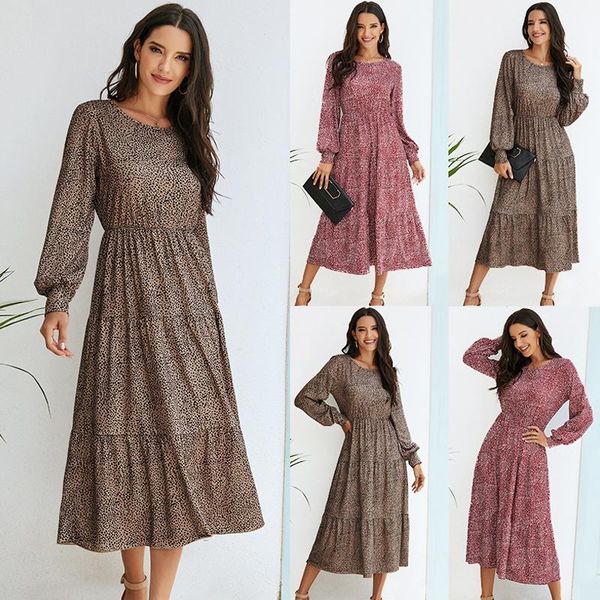 

casual dresses o-neck slim vintage elastic waist dress a-line women bubble sleeve polka dot elegant office, Black;gray