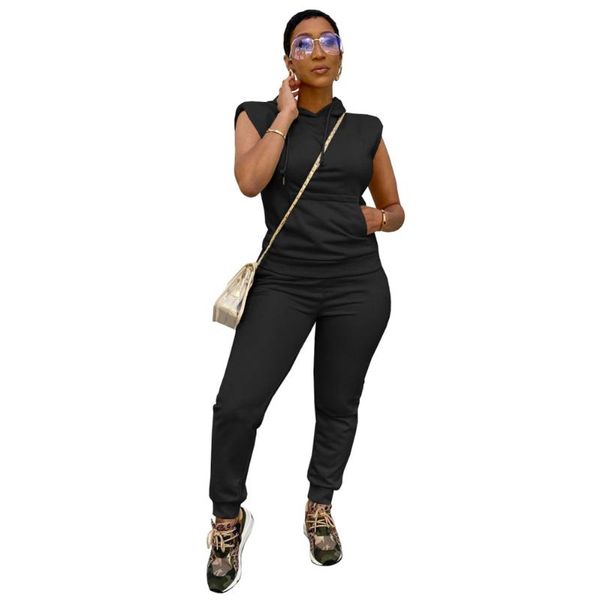 

women's two piece pants hoodie set fashion hooded collar sleeveless tank pockets sets 2021 women tracksuit and, White