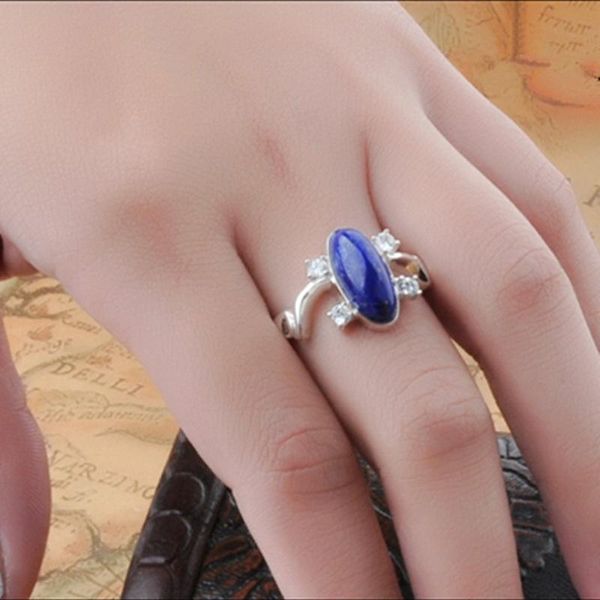 

cluster rings sterling silver of the vampire diaries ring 925 fine natural lapis lazuli blue crystal for girl woman, Golden;silver