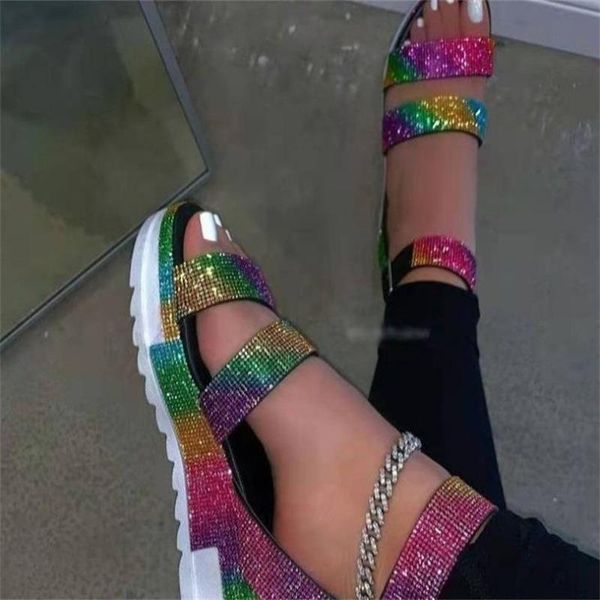 

summer women sandals shoes crystal casual woman flats buckle strap ladies fashion beach shoe big size 36-43, Black