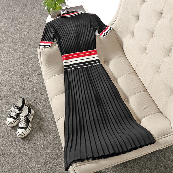 

two piece dress europe fashion summer female streetwear short sleeve midi block pleated knitting gown elastic casual femme bathrobe 81xw, White