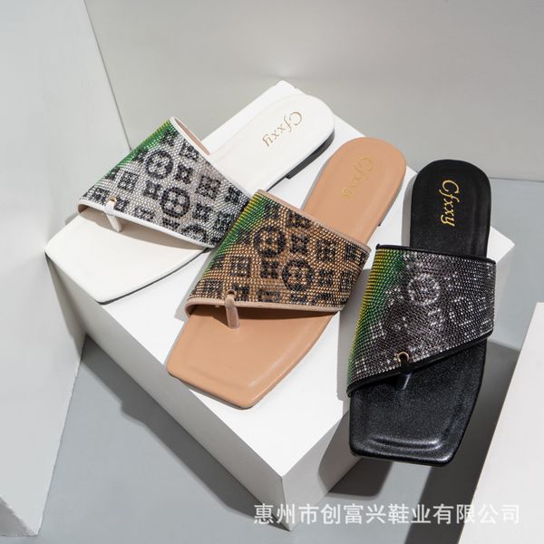 

2021 cross-border selling fashion square head gradient rainbow flat sandals solid color casual pinch flat-heeled women slippers, Black