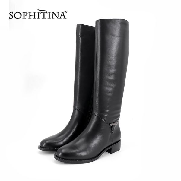 

sophitina fashion metal decoration boots genuine leather square heel round toe shoes knee-high boots sc409 210513, Black