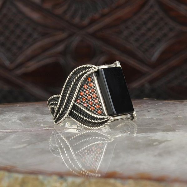 

black onyx 925 sterling silver men 's ring cluster rings, Golden;silver