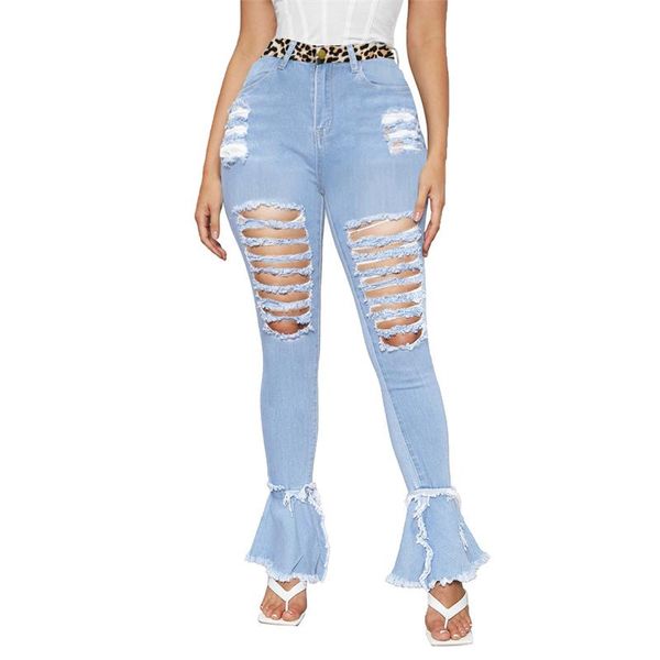

women's jeans fashion hollow stitching flared pants ripped leopard print hole skinny spliced bell bottom stretch trousers, Blue