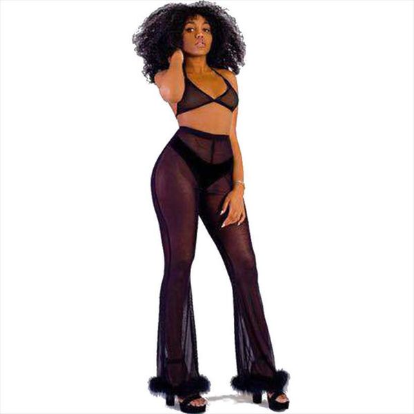 

3 colors flare see through womens capris mesh faux fur high waist casual sheer party club long transparent, Black;white