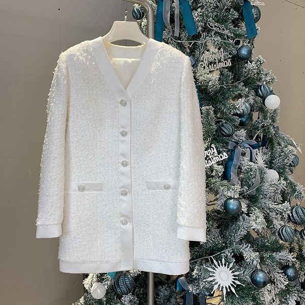 

women's wool & blends spring 2021 france style v-neck tweed coat elegant white vintage jackets c108, Black