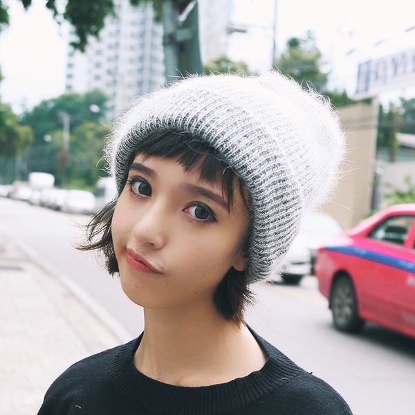 

angora rabbit hair thickened wool children's lovely soft autumn winter warm ear protection knitted hat, Black;white