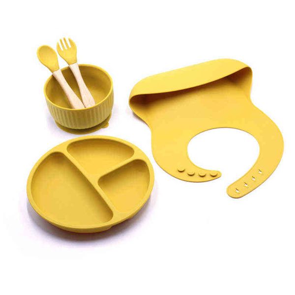 

5pcs child feeding kit dinner plate with suction silicone spoon waterproof bib bpa baby gift silicone dinner plate set g1210