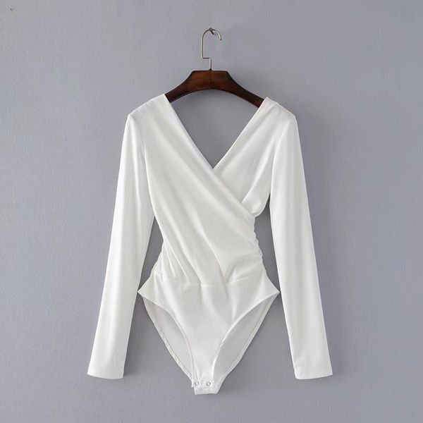 Uzun Kollu Bodysuit Kadınlar Backless Tulumlar Siyah Beyaz Vücut Femme Monos Cortos de Mujer 210419