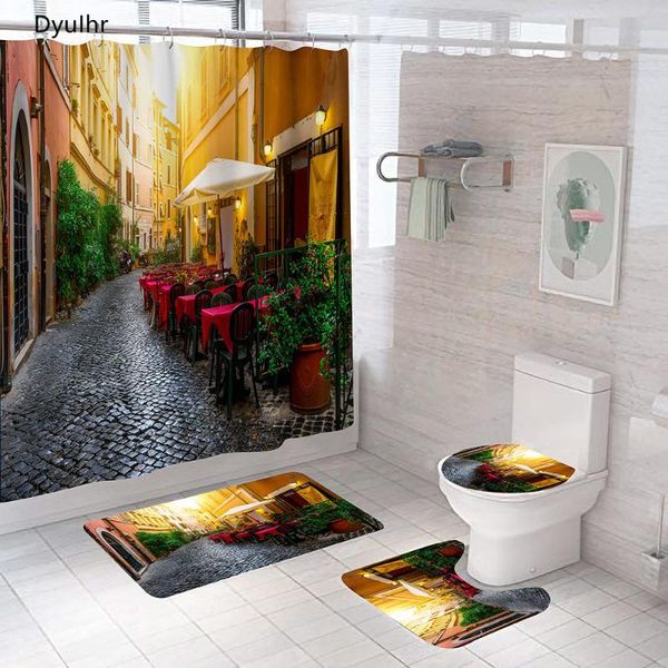 

bathroom accessories street printing polyester waterproof shower curtain toilet seat mat floor kit dyuihr curtains