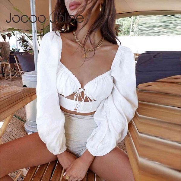 Jocoo Jolee French Romance White Crop Tops Elegante manica lunga con scollo a V Camicetta casual Camicia solida Sexy Top Club Abbigliamento 210619