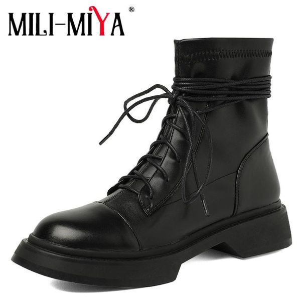 

boots mili-miya leather chunky platform lace up motorcycle ankle simple zipper round toe women female black shoes