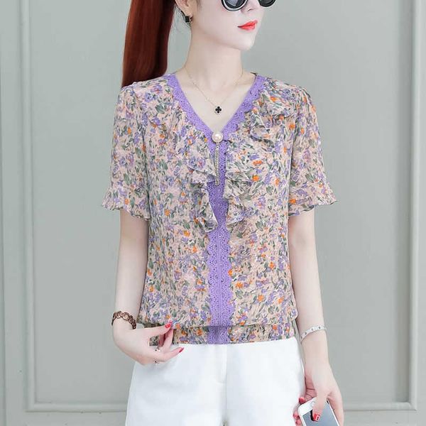 

women's blouses & shirts spring summer style chiffon shirt v-neck ruffles rivet bead printed korean sp113, White