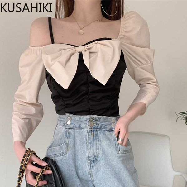 

bowknot hit color patchwork women strapless puff sleeve blouse slim irregular blusas shirt 6g255 210603, White