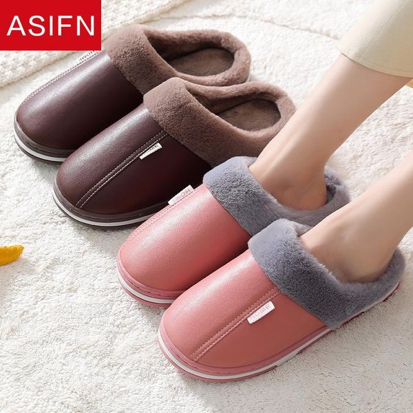 

leather slippers men women winter home two-color bottom waterproof warm cotton non-slip fashion shoes, Black