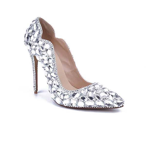 

dress shoes high-heeled lady shoe crystal big diamond pointed toe fashion pumps for brides thin heels handmade wedding, Black