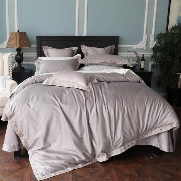 

bedding sets light luxury 100s egypt cotton solid color set embroidery edge duvet cover bed sheet pillowcases  king size 4/6/7pc
