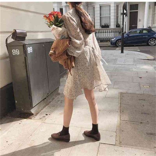 

autumn girls dress women vintage casual long sleeve print chiffon es female o neck white boho robe femme vestido 210423, Black;gray