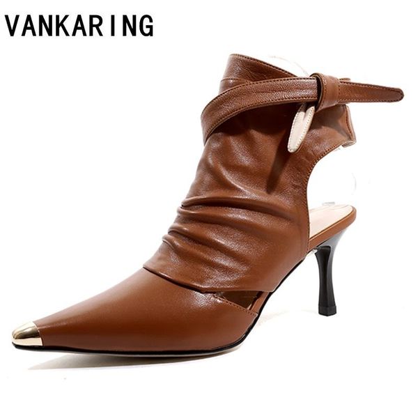 

dress shoes summer ankle boots brand women pumps leather sandals pointed toe gladiator high heels woman big size sandalias mujer, Black