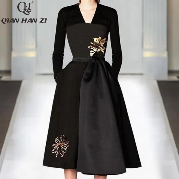 

qian han zi autumn designer fashion runway dress women's v-neck vintage embroidered slim black party dresses casual, Black;gray