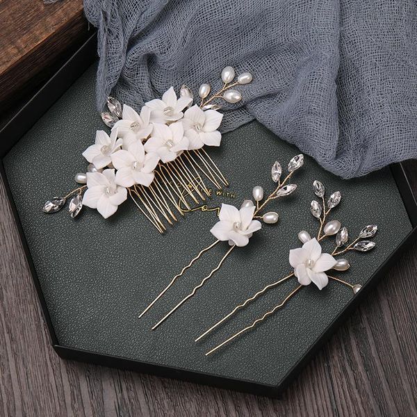 

hair clips & barrettes gold color flowers rhinestone pearl combs with hairpins sets headpiece wedding accessories bridal jewelry gift, Golden;silver