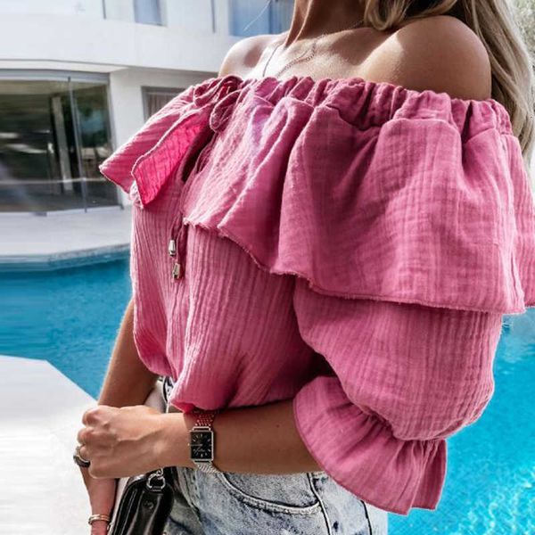 

women's blouses & shirts elegant fashion women ruffle shirt lady summer casual tie-up drawstring blusa off shoulder d3na, White