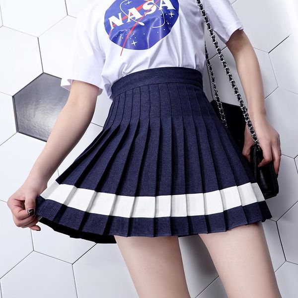 

skirts 2021 korean version of high waist original personality all-match fashion contrast color half-length skirt pleated, Black