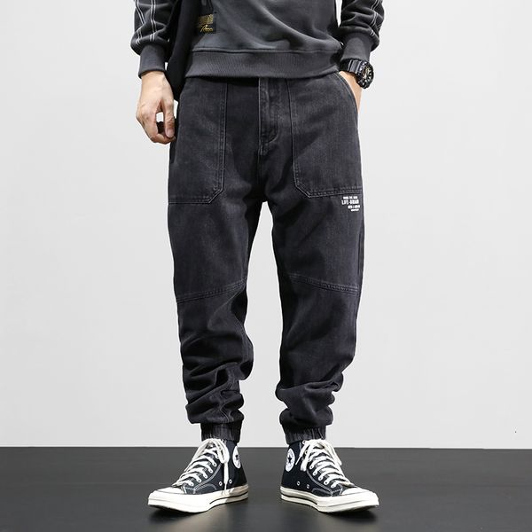 

men's japanese style fashion black gray big pocket cargo pants harem jeans slack bottom hip hop men joggers size 28-42 wzdt, Blue