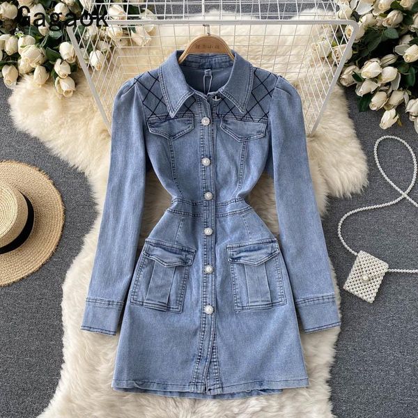 

casual dresses gagaok denim dress women 2021 spring autumn lapel button vintage plaid mini fashion chic korean vestidos, Black;gray