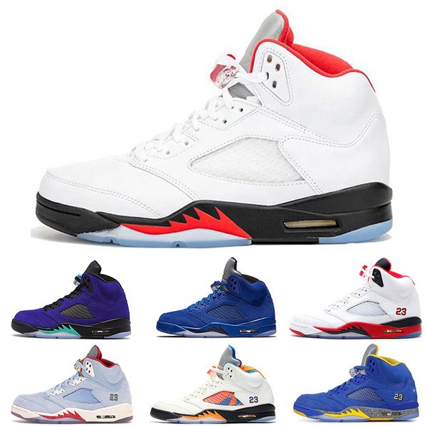 

men 5 basketball shoes 5s alternate grape blue suede fire red international flight laney royal metallic silver oreo space jam sneakers, White;red