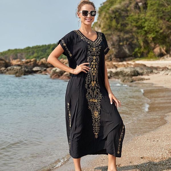 

women's swimwear black cotton embroidered maxi beach dress cover ups robe de plage swimsuit up bohemian long bikini, White;black