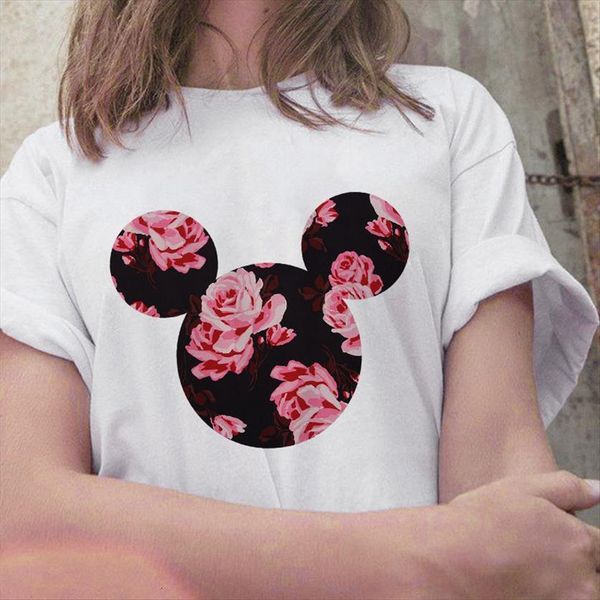 

cute mouse head print womens t shirt round neck short sleeved lady ulzzang harajuku women, White