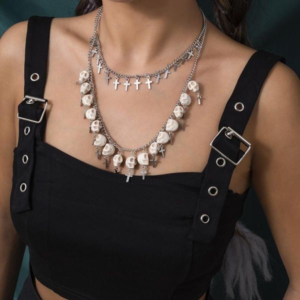 

chains acrylic skull cross layered necklace for women 2021 goth aesthetic punk accessories halloween jewelry neck gift wholesale, Silver