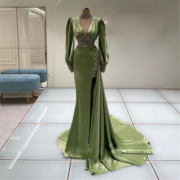 Alta Pescoço Vestidos Verdes Cristal Split Side Train Vestidos de Celebridades Sereia Longo Vestido de Baile T Camisa Manga Árabe Dubai Desgaste da Noite 326 326