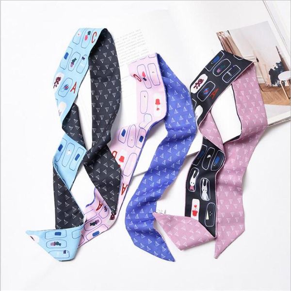 

women neck tie ribbon scarf cute animal letter print double color neckerchief hair band bag handle wraps small thin scarves, Blue;gray