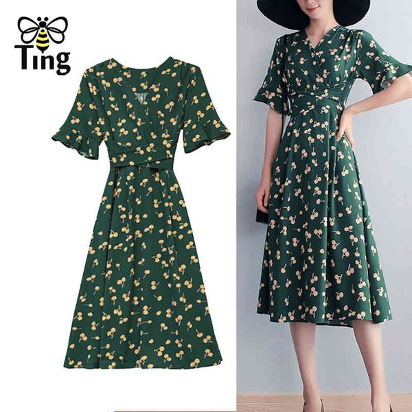 

summer bohemian floral print women street casual dress green color chiffon midi fashion chic vestidos plus size 210513, Black;gray