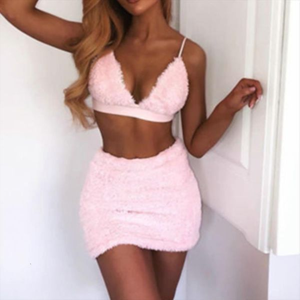 

faux fur pink womens tracksuits two piece set halter bralette crop and skirt autumn winter outfits club dress, Gray