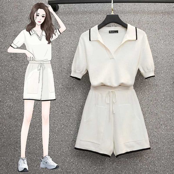 

summer knitted 2 piece sets casual women v neck short sleeve knit + shorts suits 210531, White