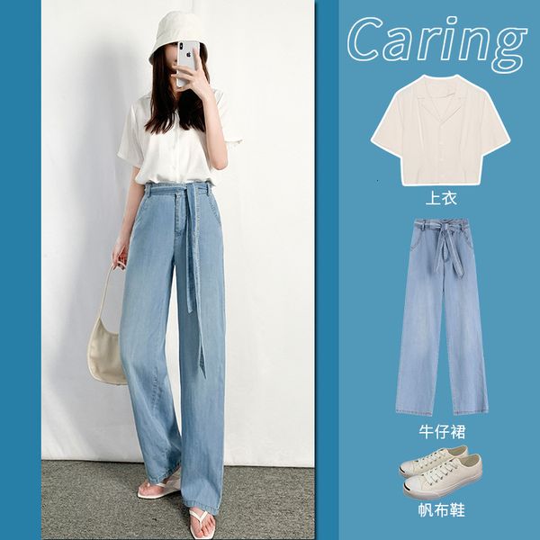 

women elastic thin-cut classic casual jeans loose feminine denim pants a186, Blue