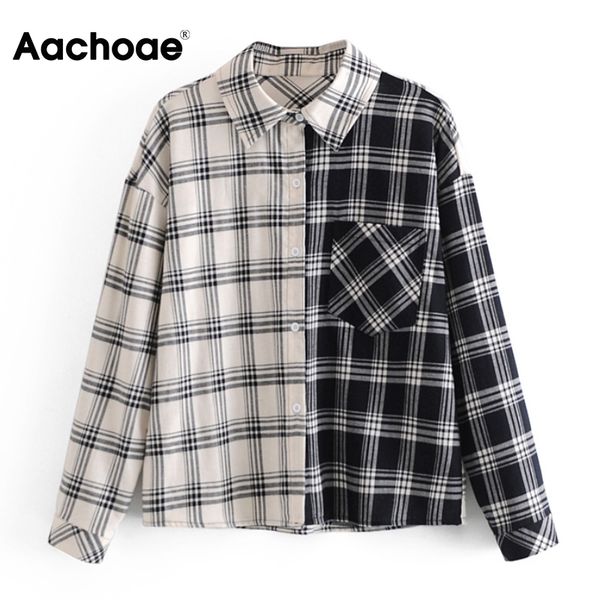 

aachoae spring autumn plaid patchwork blouse women batwing long sleeve loose casual turn down collar vintage pocket shirt 210413, White