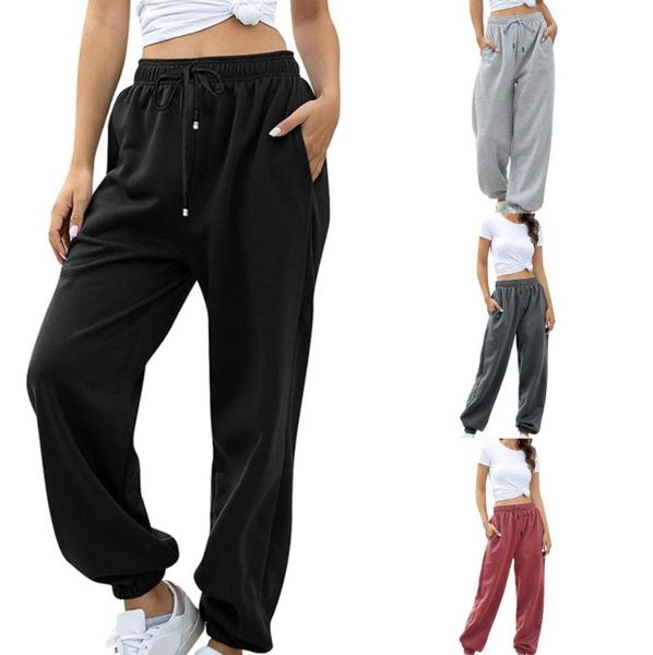 

women's pants & capris sport lady casual solid color drawstring elastic-waist long trousers pockets leisurewear street simple style, Black;white