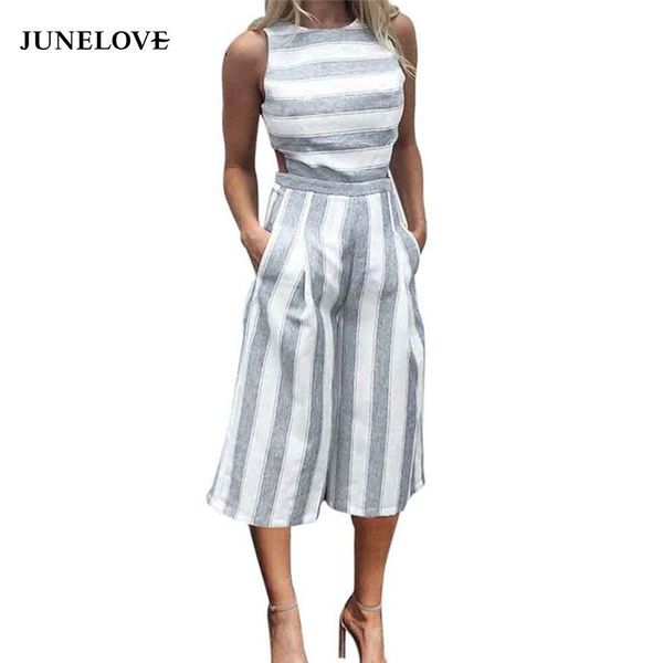 

women's jumpsuits & rompers junelove 2021 summer women casual blue striped sleeveless wide leg playsuits loose fashion female, Black;white